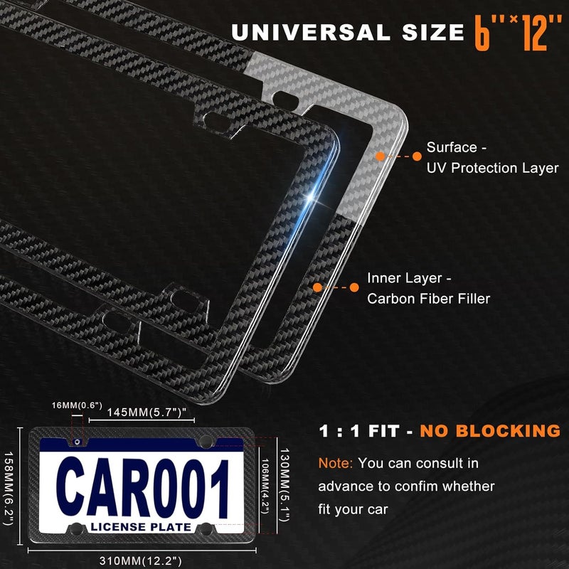 HIBRONGO Real Carbon Fiber License Plate Frame 100% Pure Carbon Fiber Frame Black License Plate Holder Cover Universal Car Tag Frame for Men/Women Gift - 1 Pack 4 Hole - Image 4